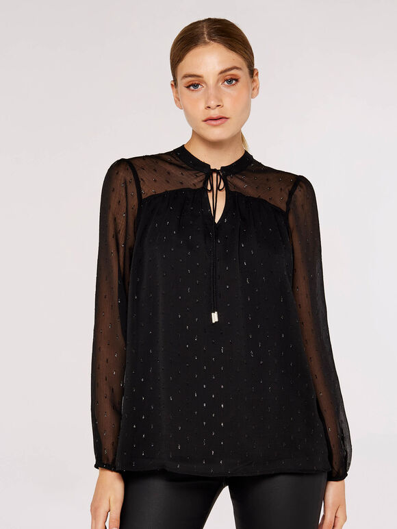 Dobby Tassel Top, Black, large
