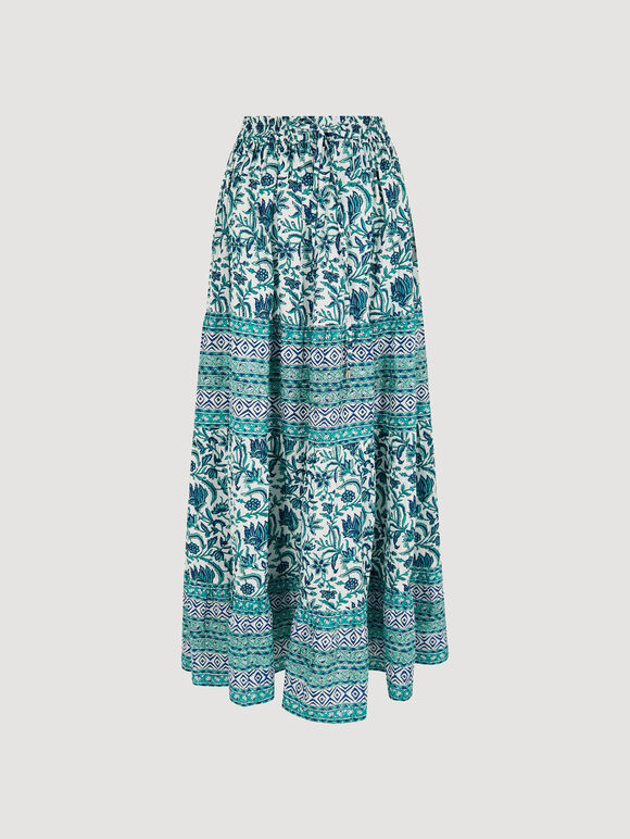Floral Vine Cotton Tiered Maxi Skirt, Cream, large