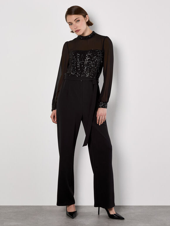 Sequin Bodice Jumpsuit, Black, large