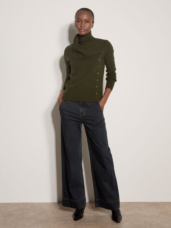 Ribbed Knit Asymmetric Cardigan, Khaki, large
