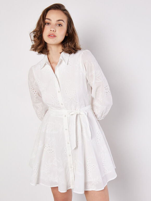 Tropical Embroidered Shirt Mini Dress, White, large