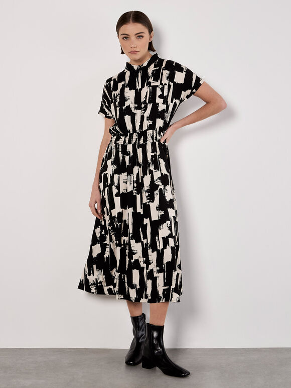 Brushstroke Squares Utility Midi Dress, Black, large