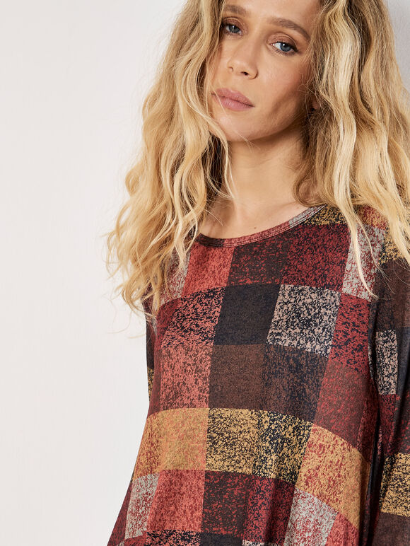 Colourful Patchwork Check Swing Mini Dress, Brown, large