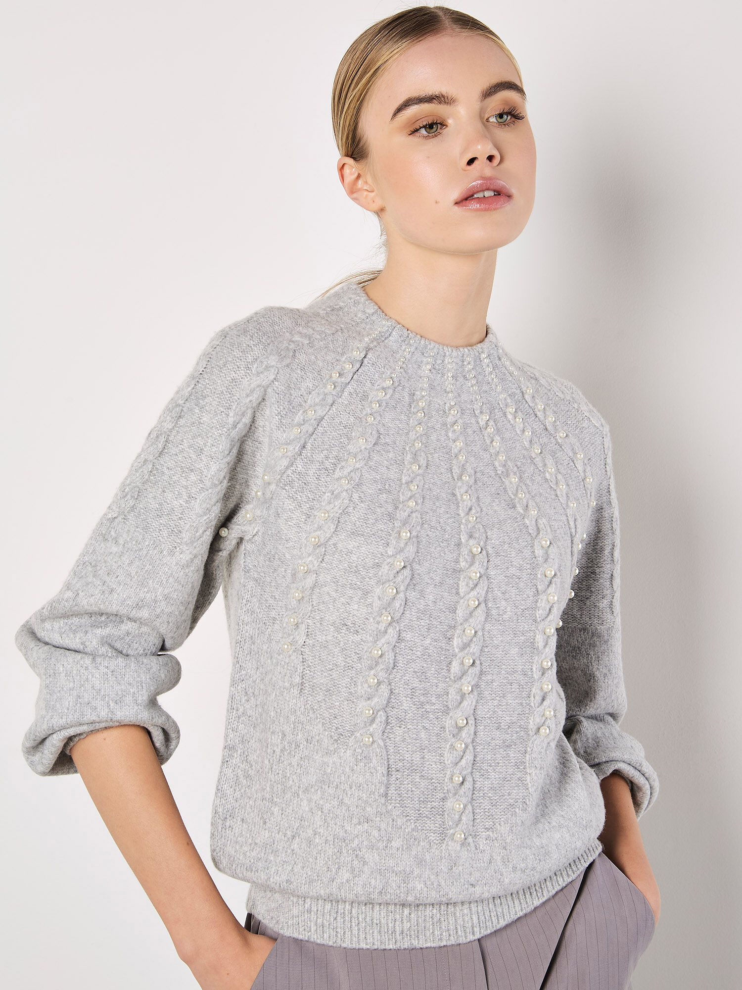 Pearl Embellished Cable Knit Jumper Apricot Clothing