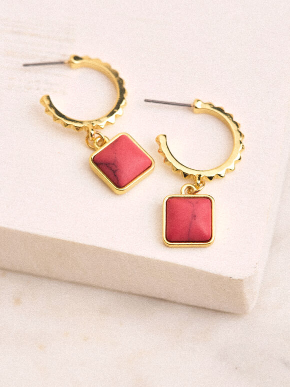 24K Gold Plated Teal Stone Hoop Earrings, Red, large