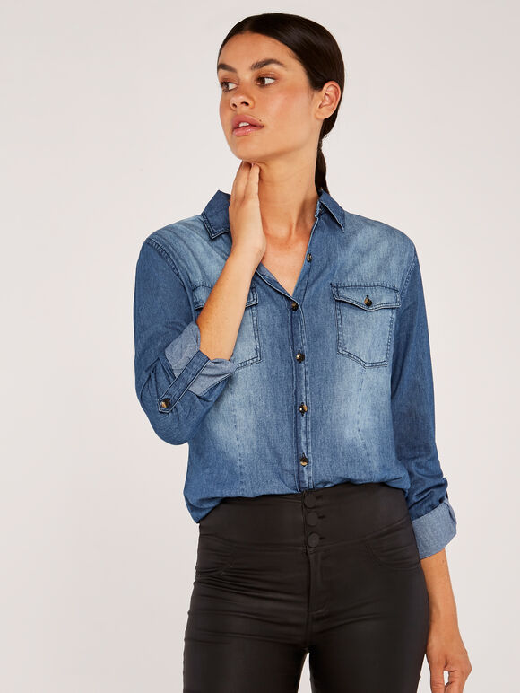 2 Pocket Denim Shirt, Navy, large