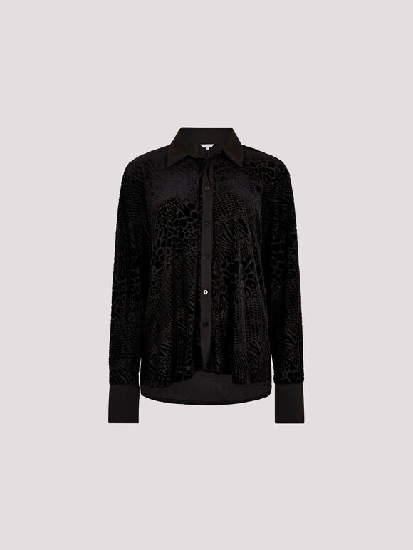 Animal Print Burnout Velvet Shirt, Black, large