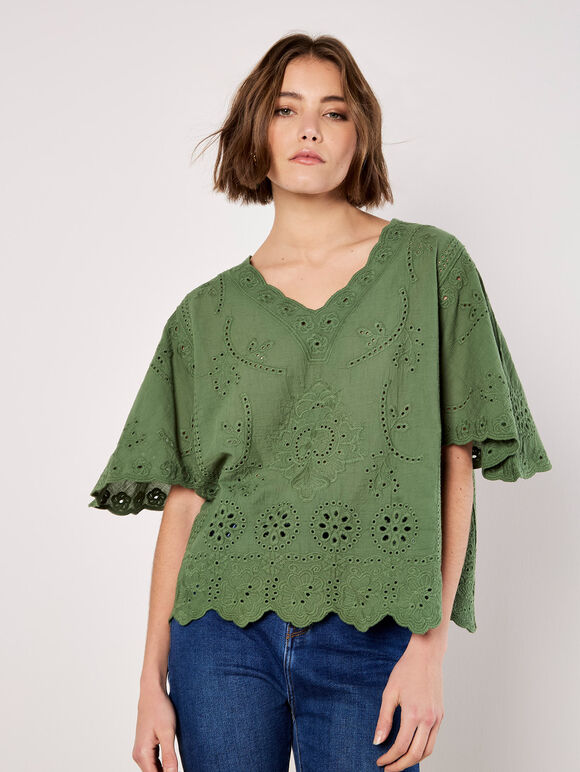 Embroidered Cotton Top, Green, large