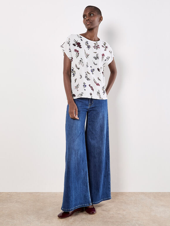 Botanical Floral Print Woven T-Shirt, White, large