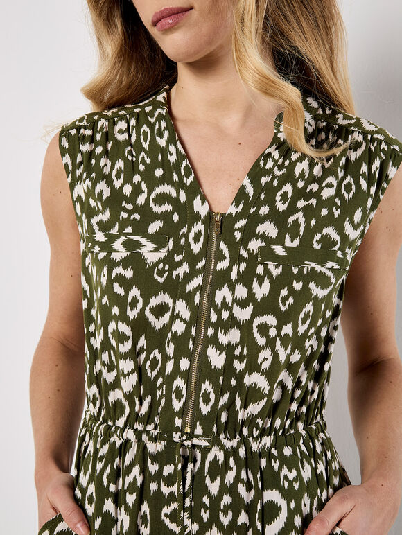 Animal Print Cotton Midi Dress, Khaki, large