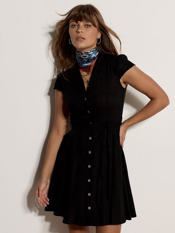Linen Blend Shirt Mini Dress, Black, large