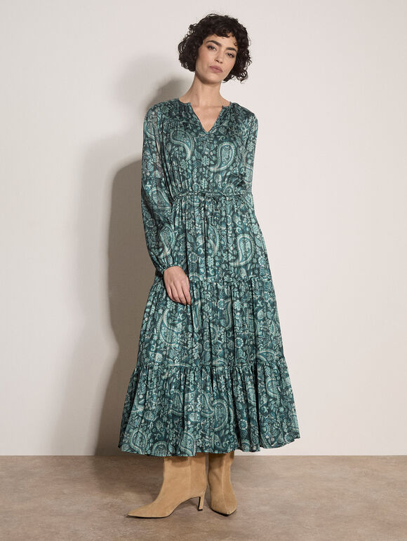 Satin Shimmer Paisley Midi Dress, Green, large