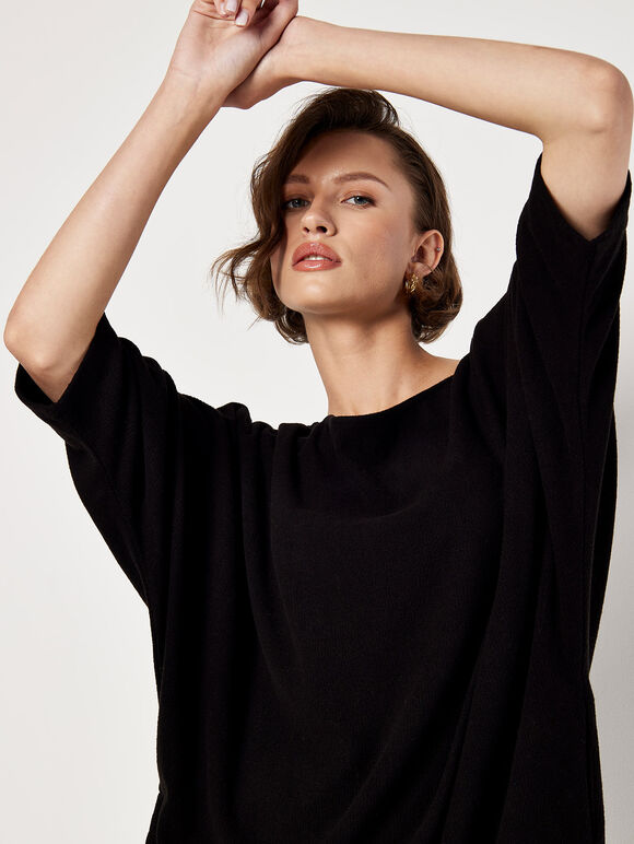 Ribbed Knit Cocoon Midi Dress, Black, large