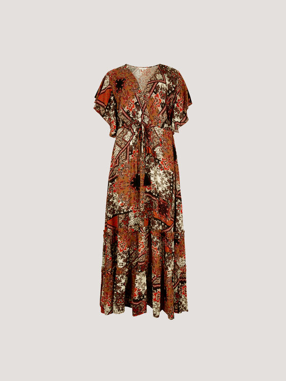 Patchwork Ruffle Tiered Midi Dress, Orange, large