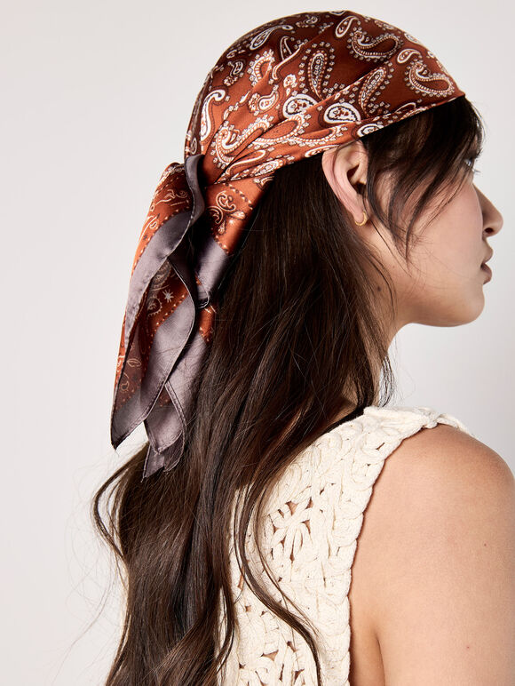 Satin Printed Scarf, Orange, large