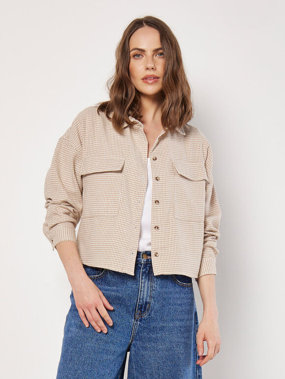 Dogtooth Cropped Shirt, Stone, large
