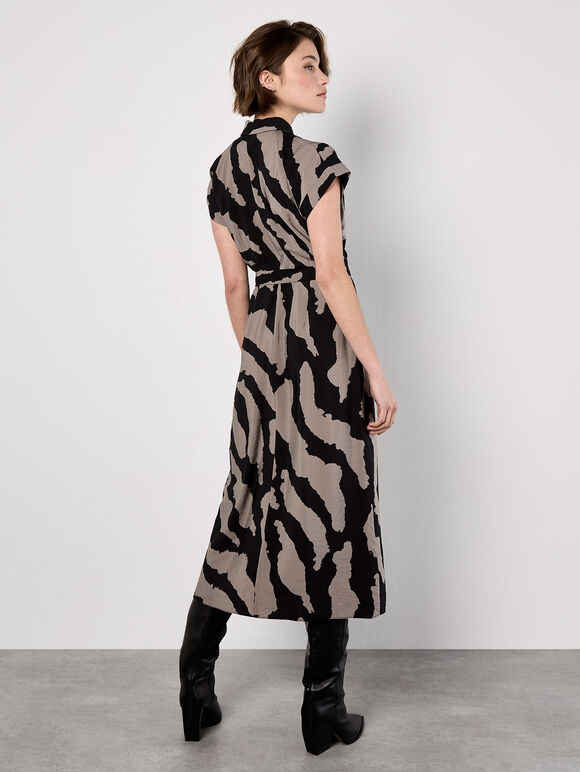 Zebra Print Shirt Midi Dress, Stone, large