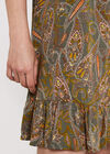 Paisley V Neck Ruffle Trim Dress, Khaki, large
