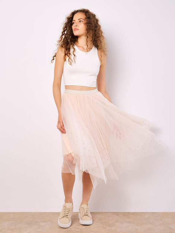 Pearl Embellished Tulle Midi Skirt, Stone, large