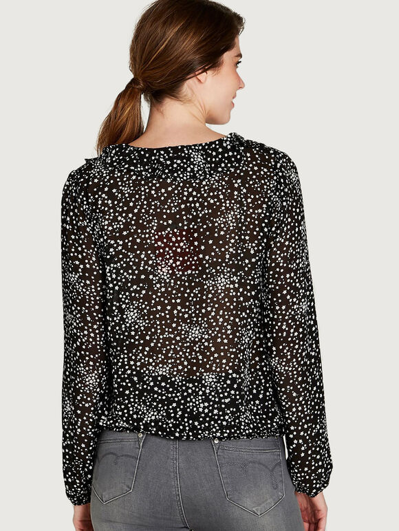 Star Print Ruffle Detail Blouse, Black, large