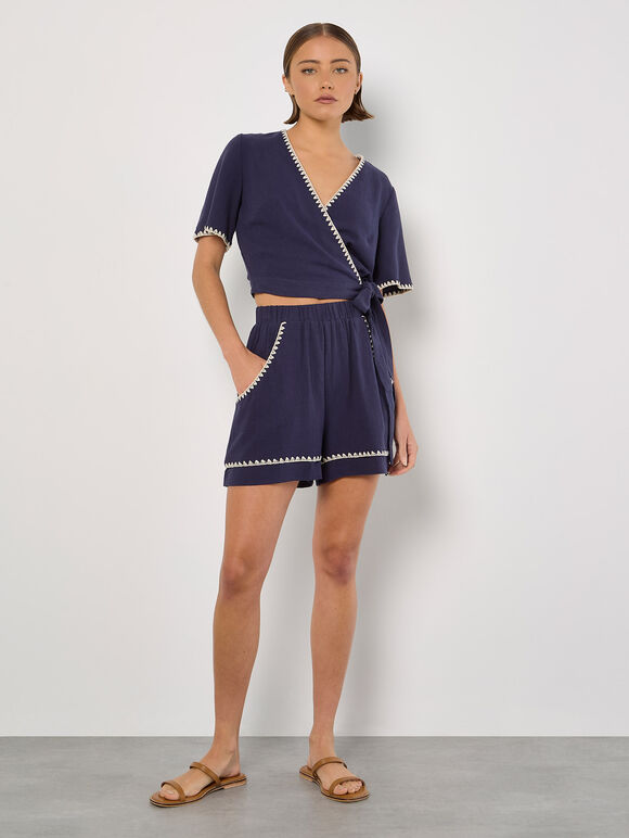 Stitch Detail Linen Blend Shorts, Navy, large