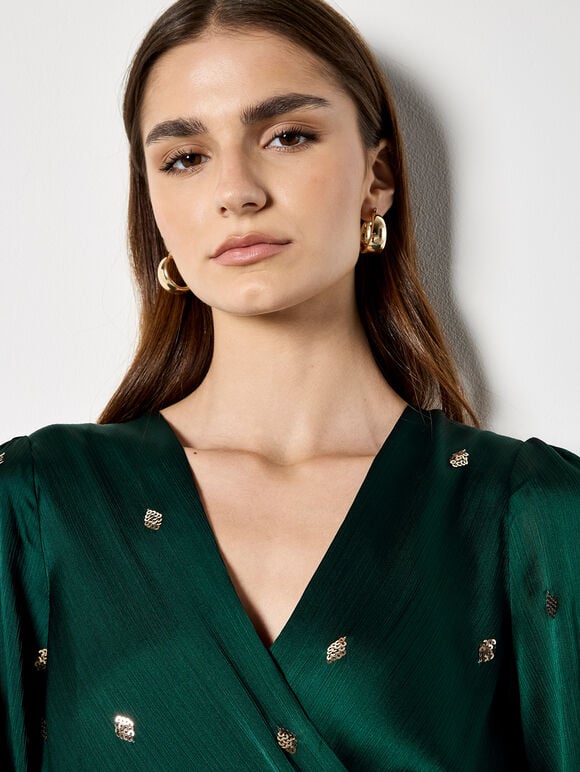 Sequin Spot Satin Wrap Mini Dress, Green, large