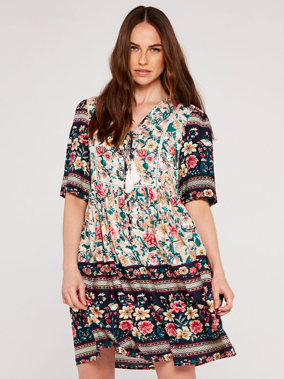 Floral Border Dress, Cream, large