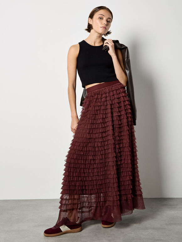 Ruffle Tiered Tulle Maxi Skirt, Burgundy, large