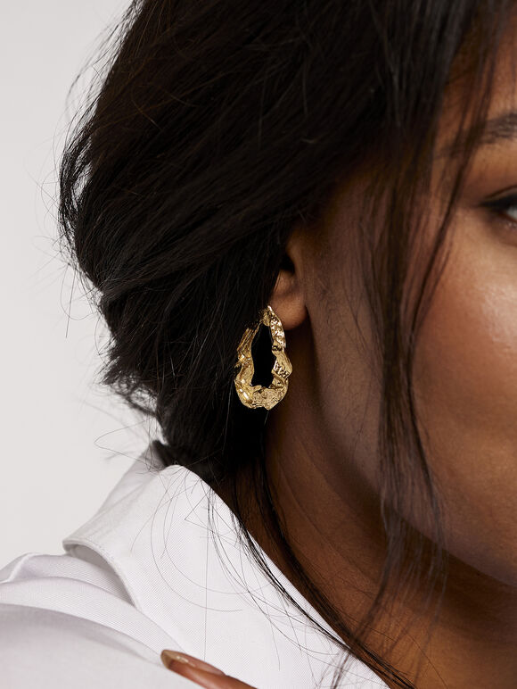 Hammered Gold Oval Earrings, Yellow, large