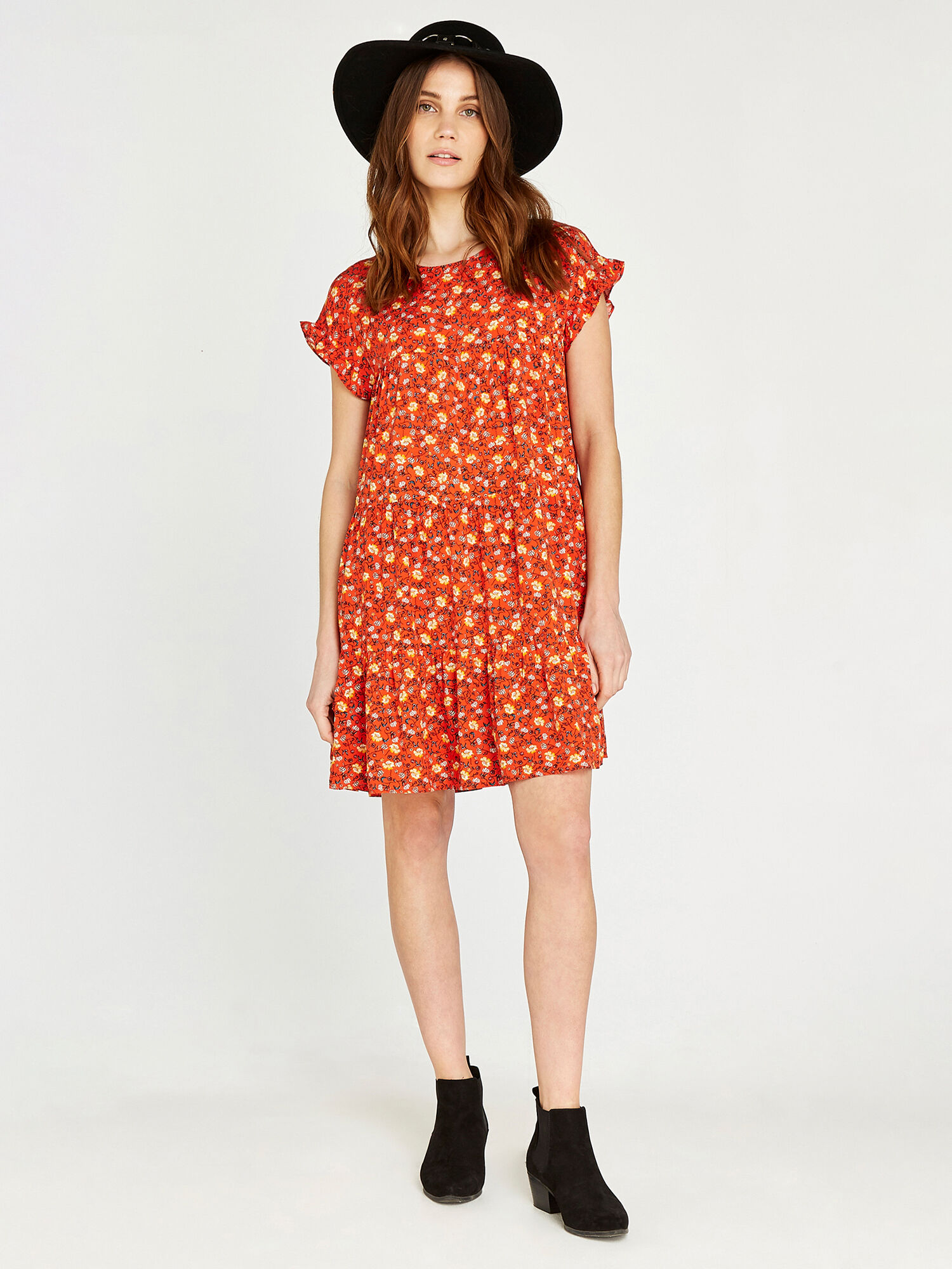 Orange ruffle hot sale sleeve dress