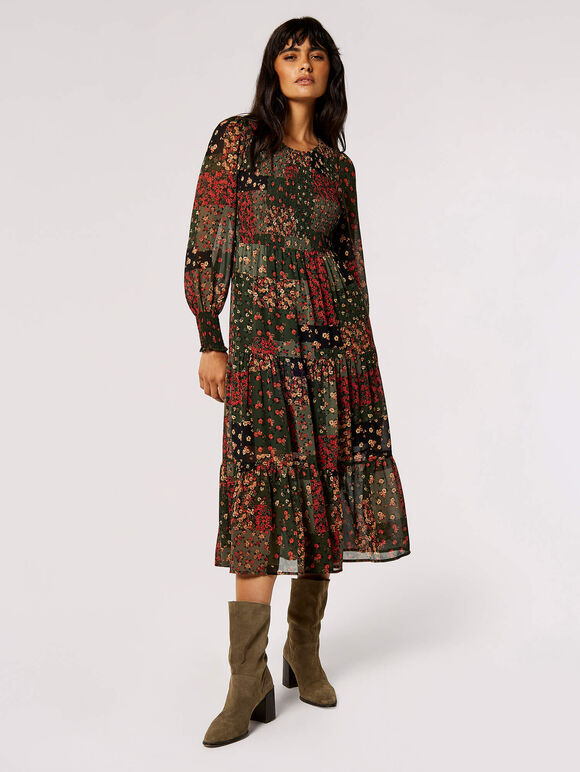 Patchwork Ditsy Midi Dress, Green, large