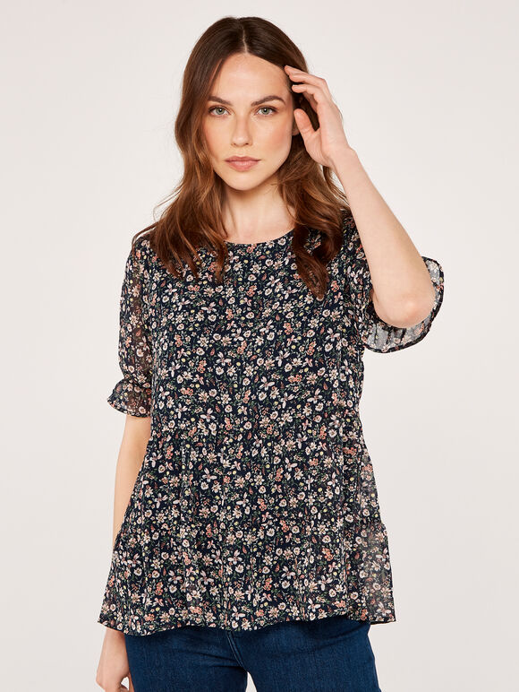  Floral Ruffle Tiered Top, Navy, large