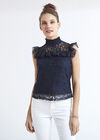 High Neck Ruffle Detail Lace Blouse, Navy, large