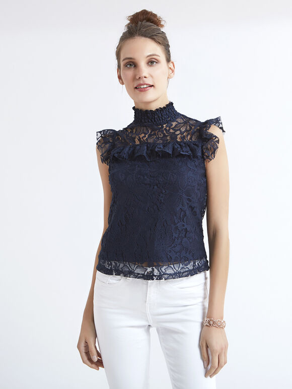 High Neck Ruffle Detail Lace Blouse, Navy, large