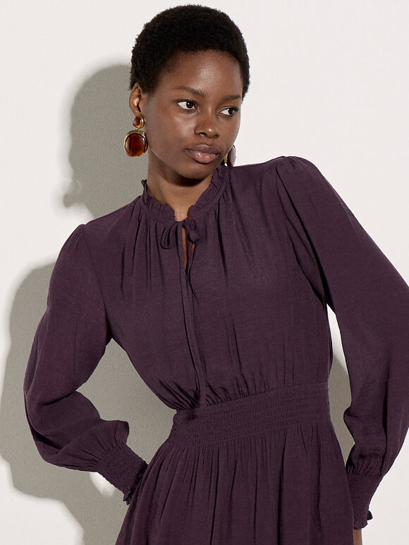 Ruffle Neck Mini Dress, Plum, large