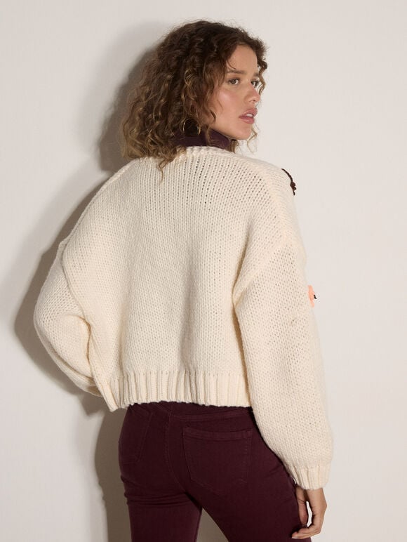 Chunky Knit Butterfly Applique Cardigan, Cream, large