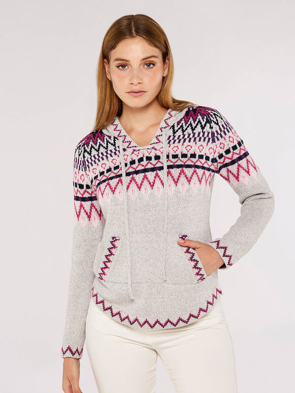 Fairisle Pocket Hoodie Jumper, Grey, large