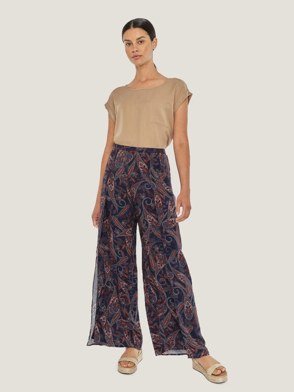Paisley Wrap Split Leg Trousers, Navy, large