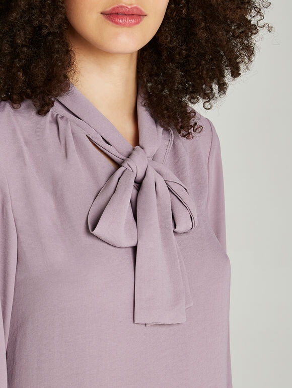 Pussybow Neck Detail Shift Dress, Lilac, large
