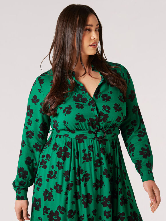 Curve Floral Hanky Hem Midi Dress, Green, large