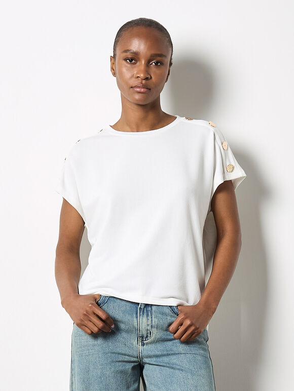 Decorative Button Jersey T-Shirt, Cream, large
