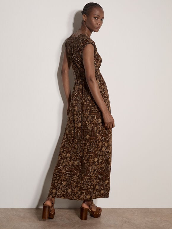 Batik Floral Smocked Maxi Dress, Brown, large