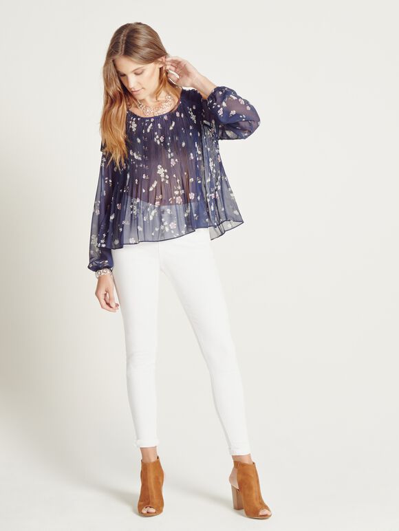 Ditsy Cold Shoulder Pleated  Blouse, Navy, large