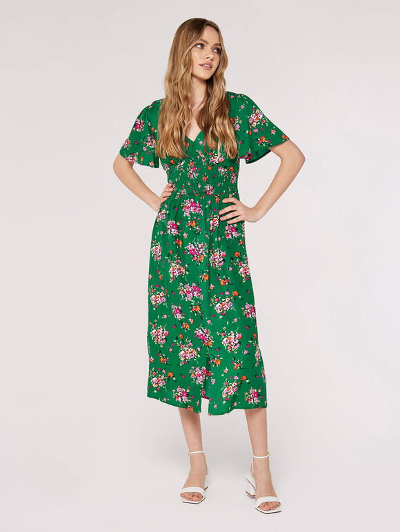 Smocked Bodice Midi Dress, Green, large