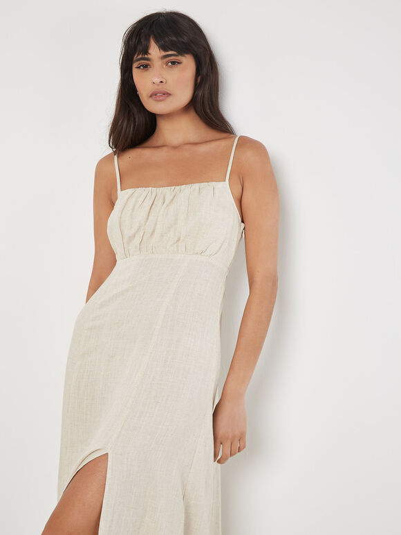 Linen Blend Camisole Midi Dress, Stone, large