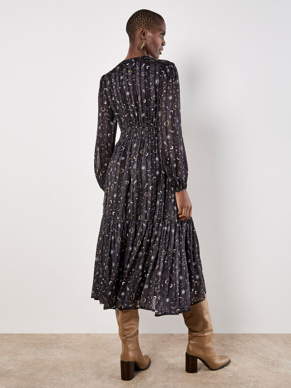 Constellation Shimmer Satin Midaxi Dress, Black, large