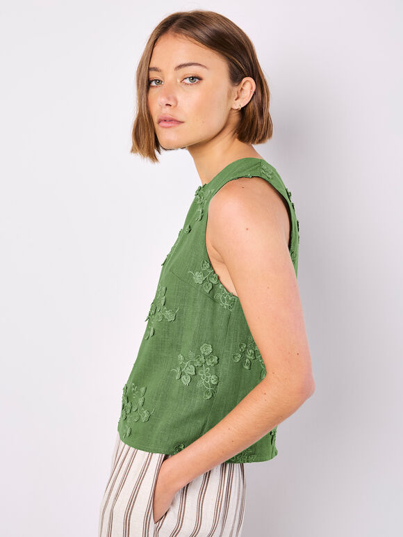Floral Embroidered Shell Top, Green, large