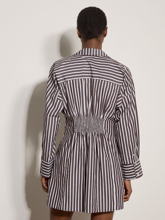 Stripe Shirt Cotton Mini Dress, Brown, large