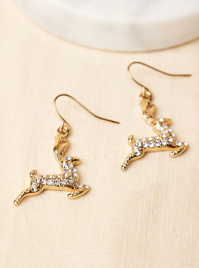 Gold Tone Crystal Reindeer Earrings