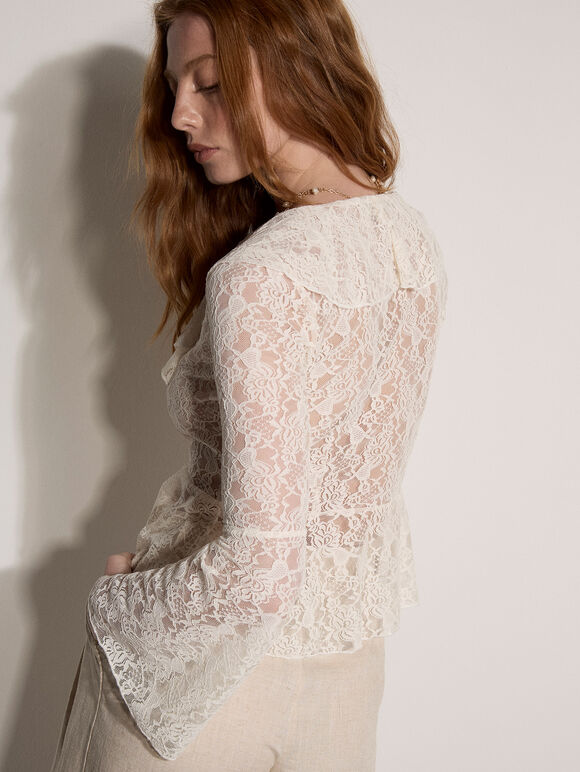 Lace Ruffle Cardigan, Cream, large